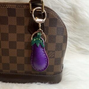 leather Eggplant bag charm Keychain Keyring handmade gift